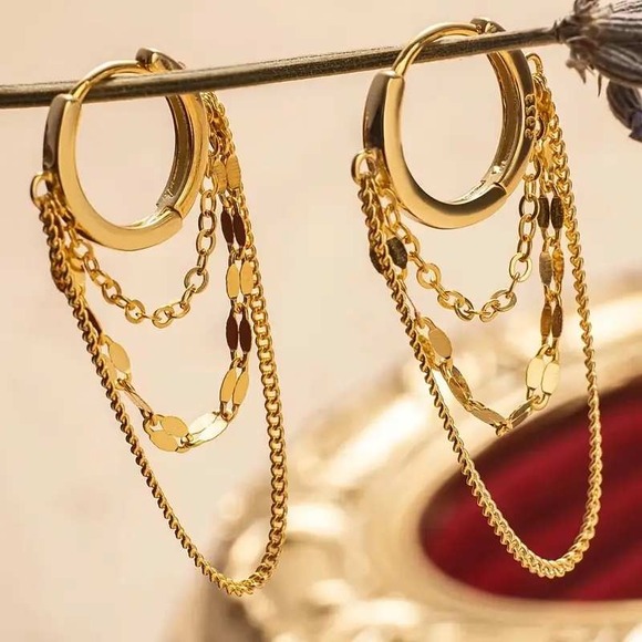 Dangle Hoop‎ Earrings Gold Chain Layered - Picture 1 of 2